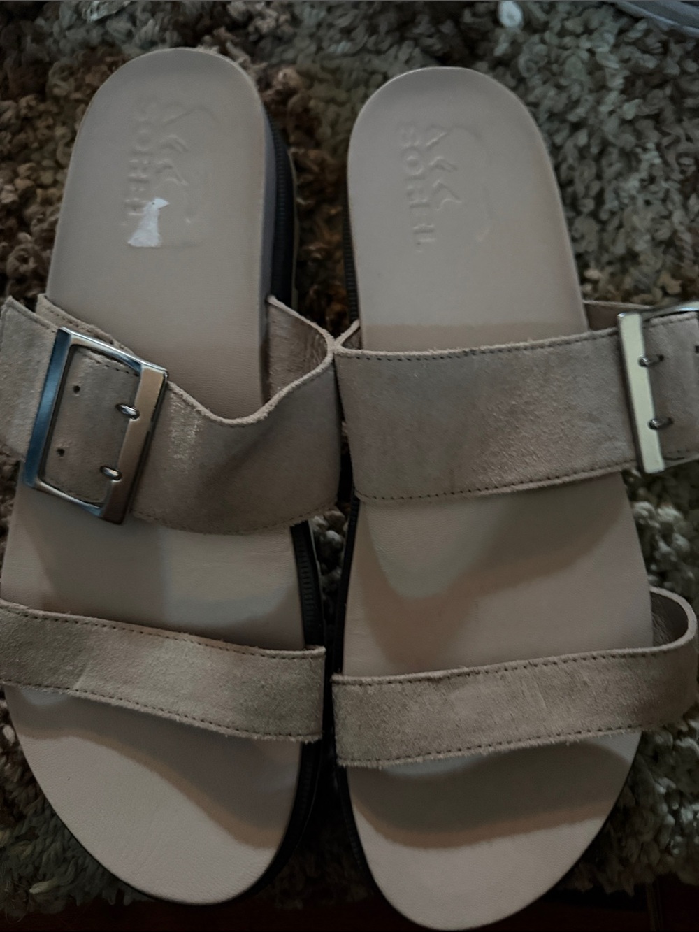 Sorel Taupe Suede Double-Strap Slide Sandals with Buckles